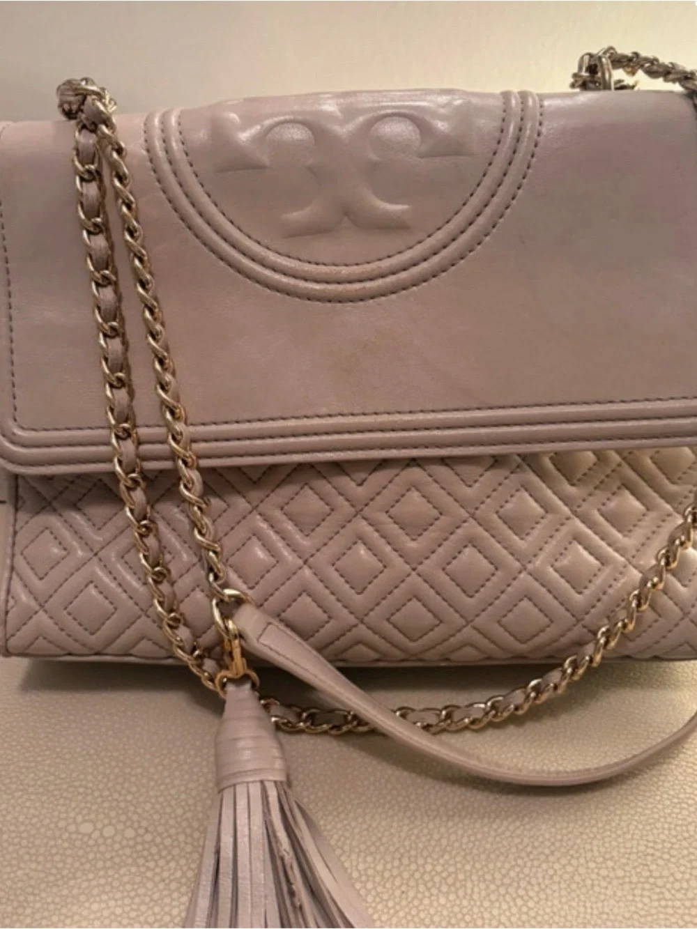 Tory Burch Quilted Leather Shoulder Bag in Soft Beige